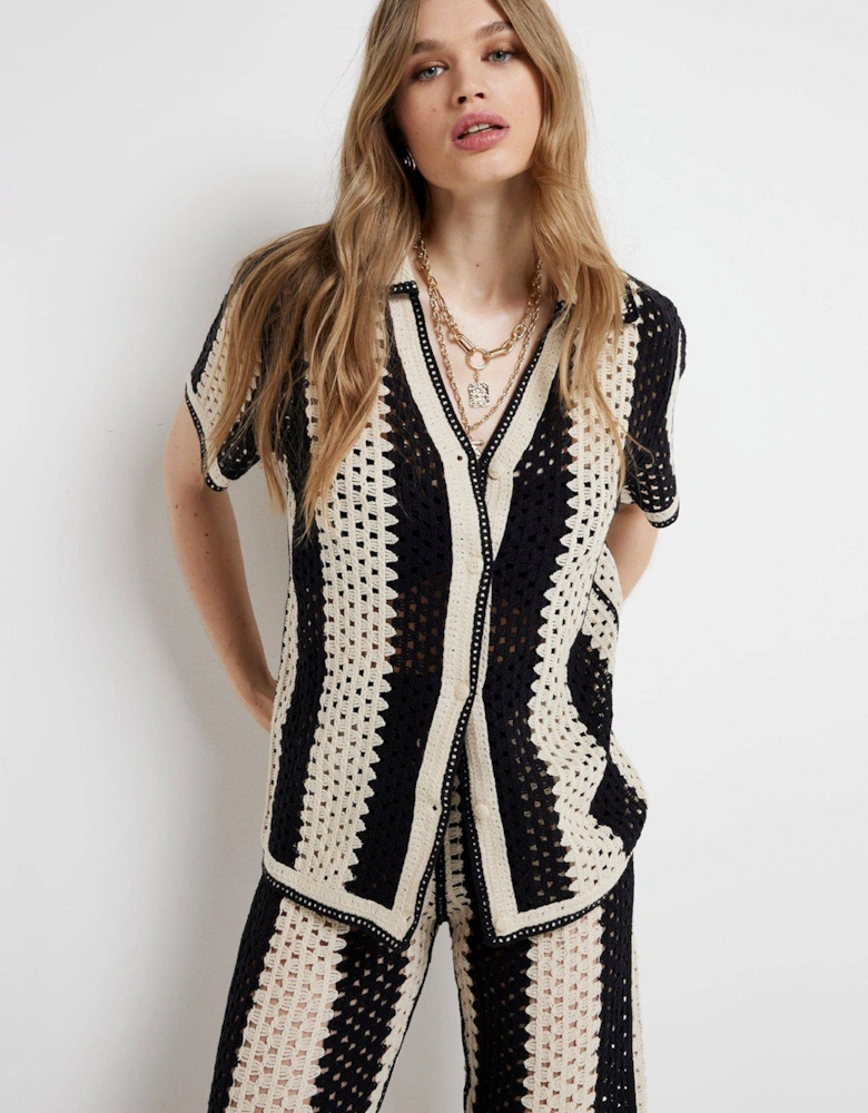 Crochet Stripe Polo - Black