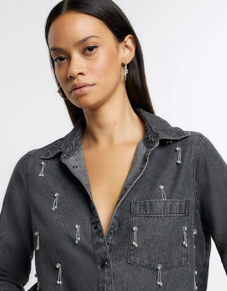 Embellished Denim Shirt - Grey