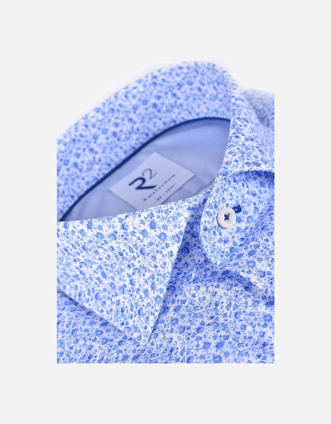 Long Sleeved Wide Collar Shirt Blue Flower