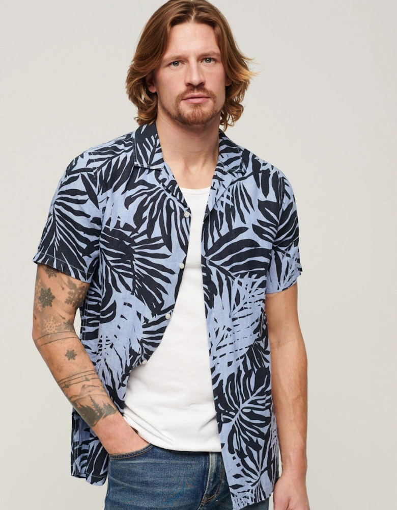 Short Sleeve Tropical Print Linen Resort Shirt - Blue