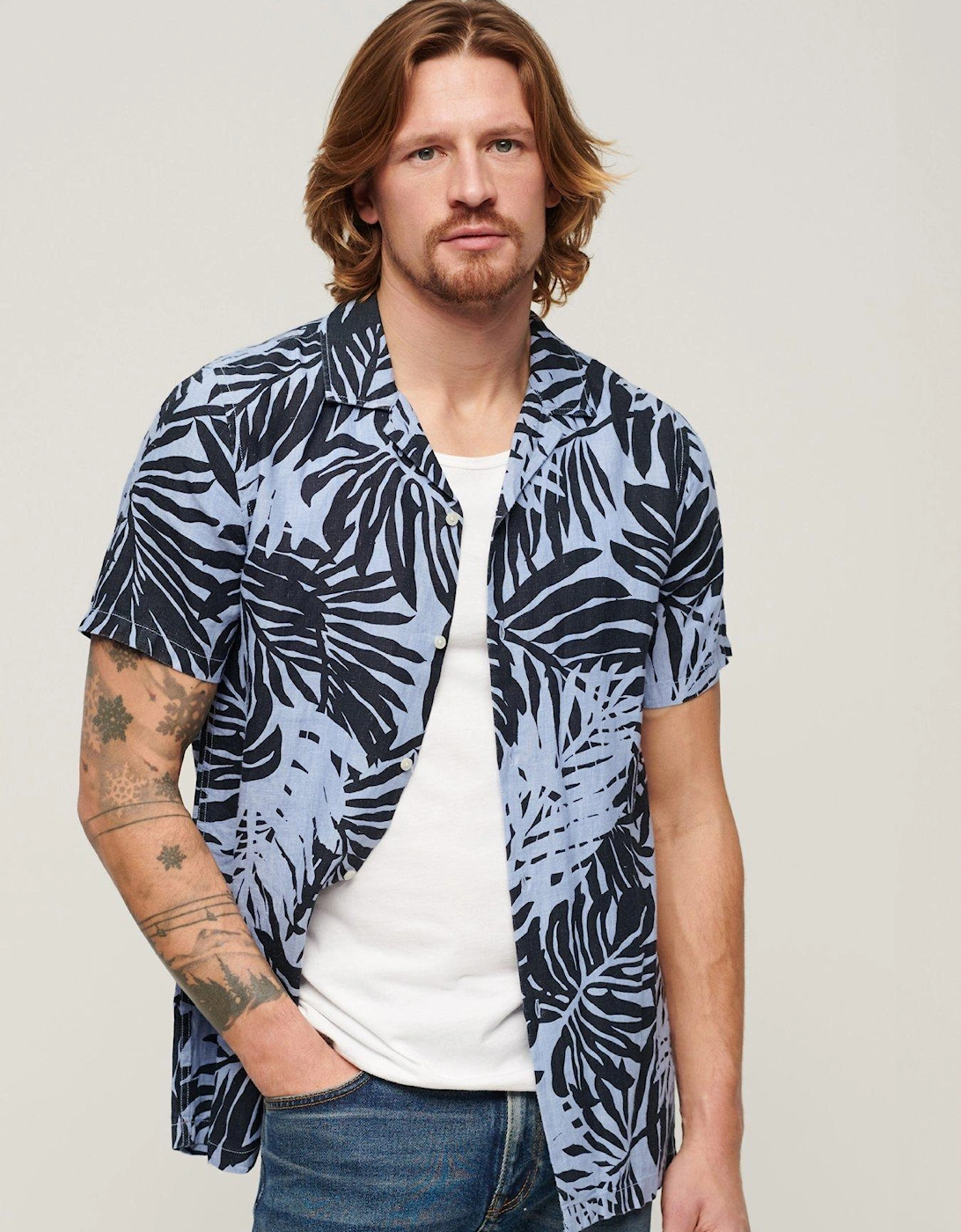 Short Sleeve Tropical Print Linen Resort Shirt - Blue, 6 of 5