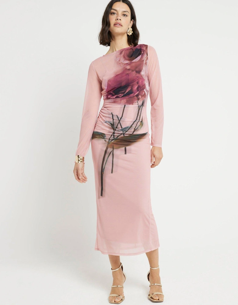 Floral Mesh Midi Dress - Medium Pink