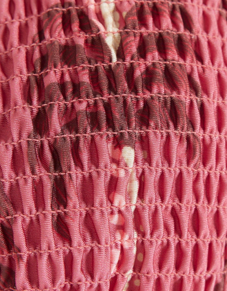 Shirred Palm Print Triangle Bikini Top - Dark Pink