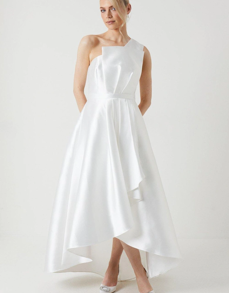 Waterfall Skirt Twill One Shoulder Wedding Dress