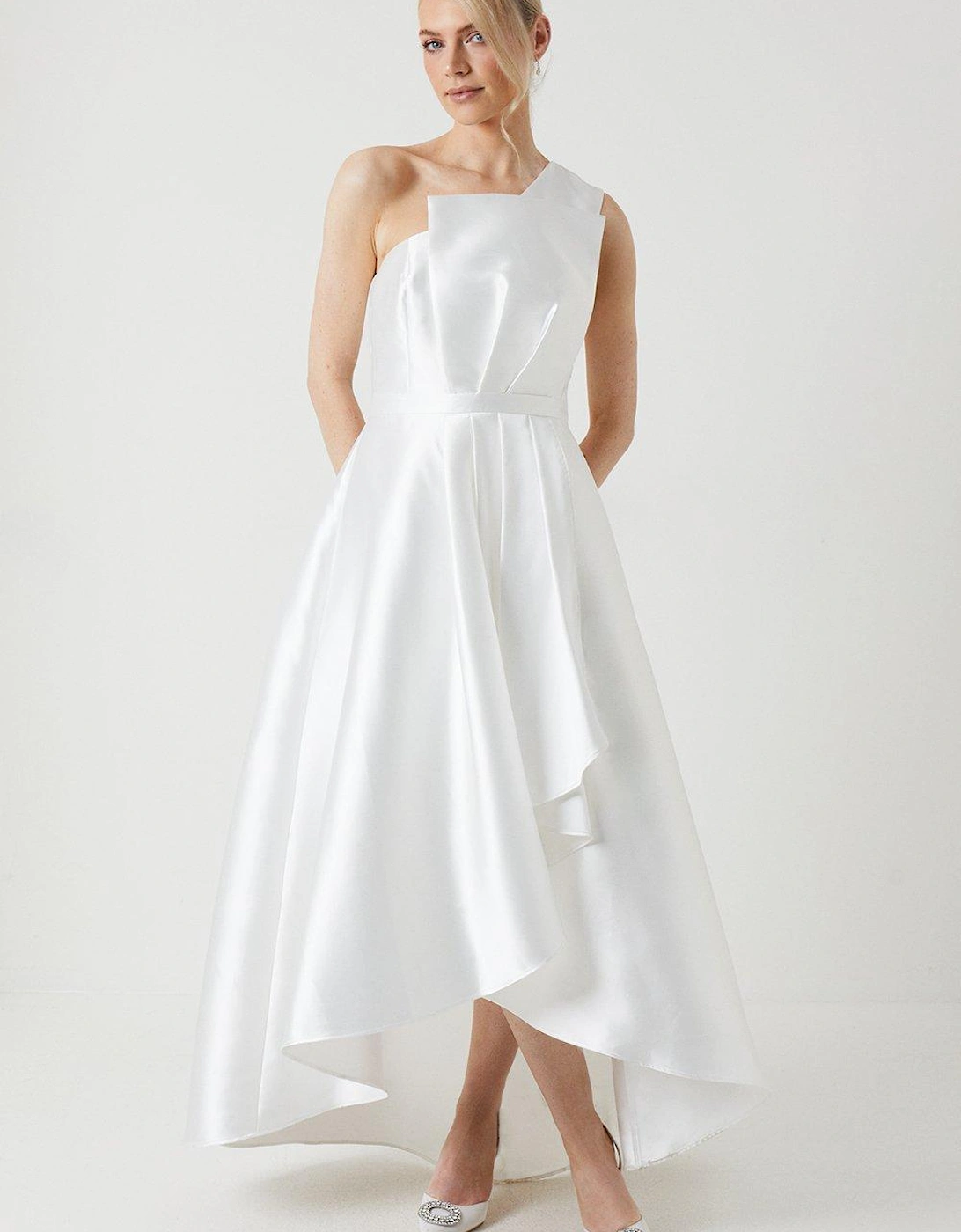 Waterfall Skirt Twill One Shoulder Wedding Dress, 6 of 5