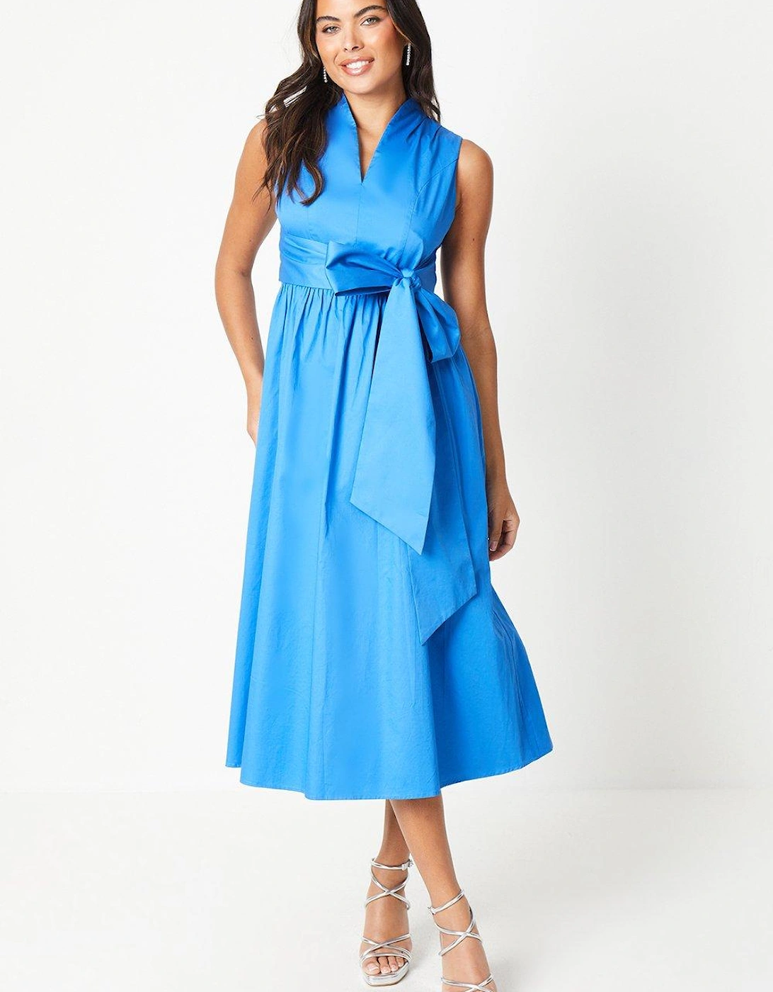Bow Front Pleated Cotton Midi Dress, 6 of 5