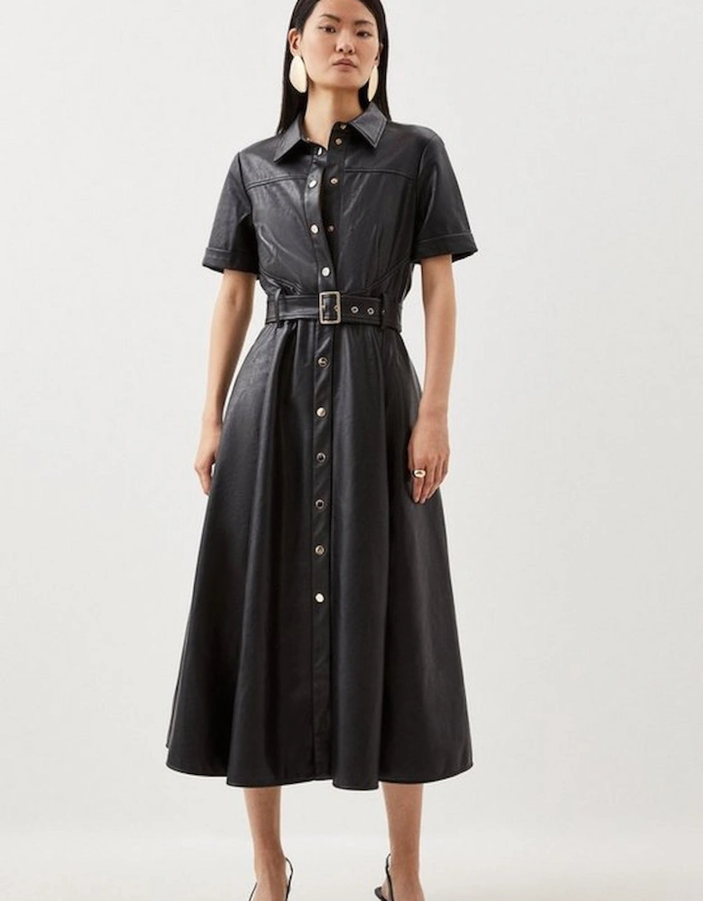 Petite Faux Leather Belted Midi Shirt Dress