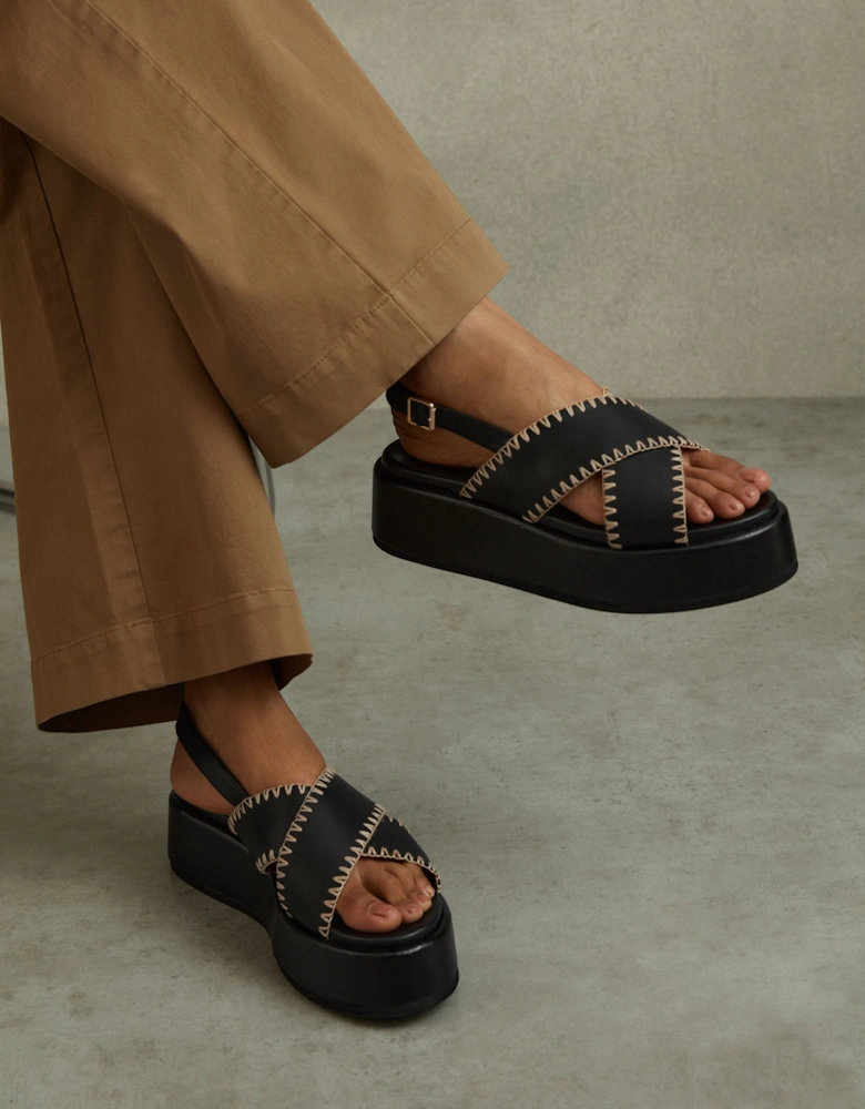 Leather Raffia Stitch Platform Sandals