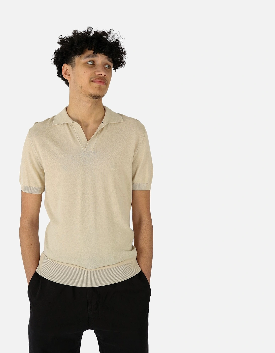 Open Collar Knitted Beige Polo