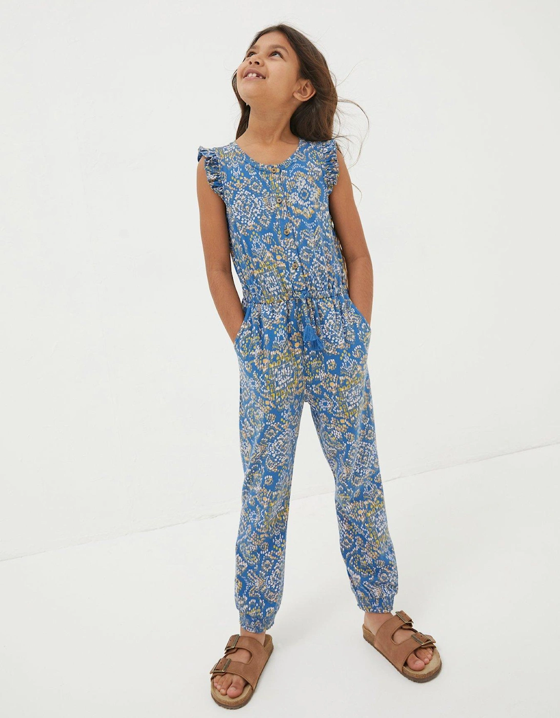 Girls Aztec Printed Jersey Jumpsuit - Washed Blue