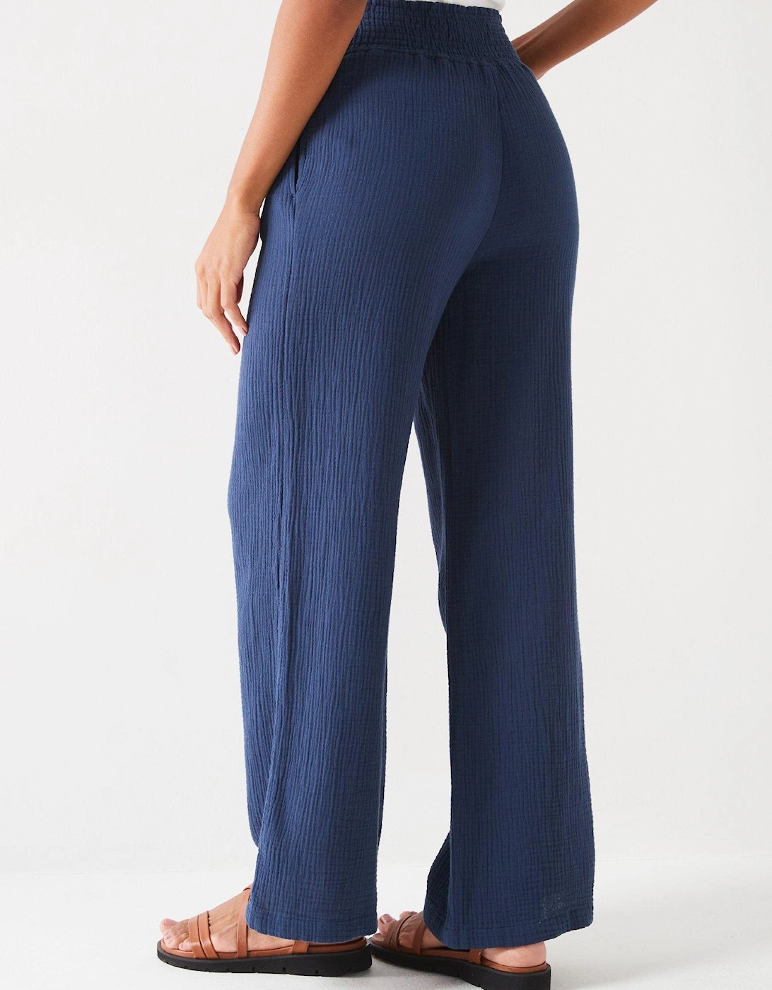 Crinkle Cotton Wide Leg Trousers - Navy