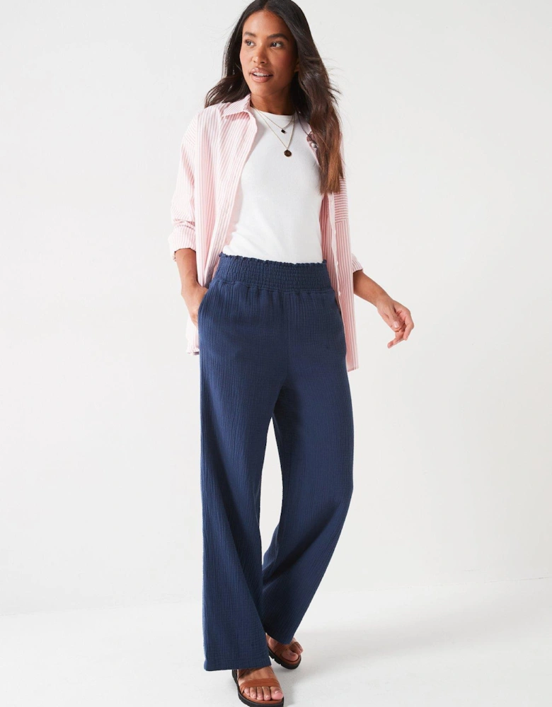 Crinkle Cotton Wide Leg Trousers - Navy