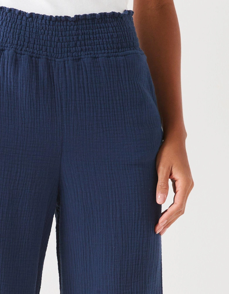 Crinkle Cotton Wide Leg Trousers - Navy