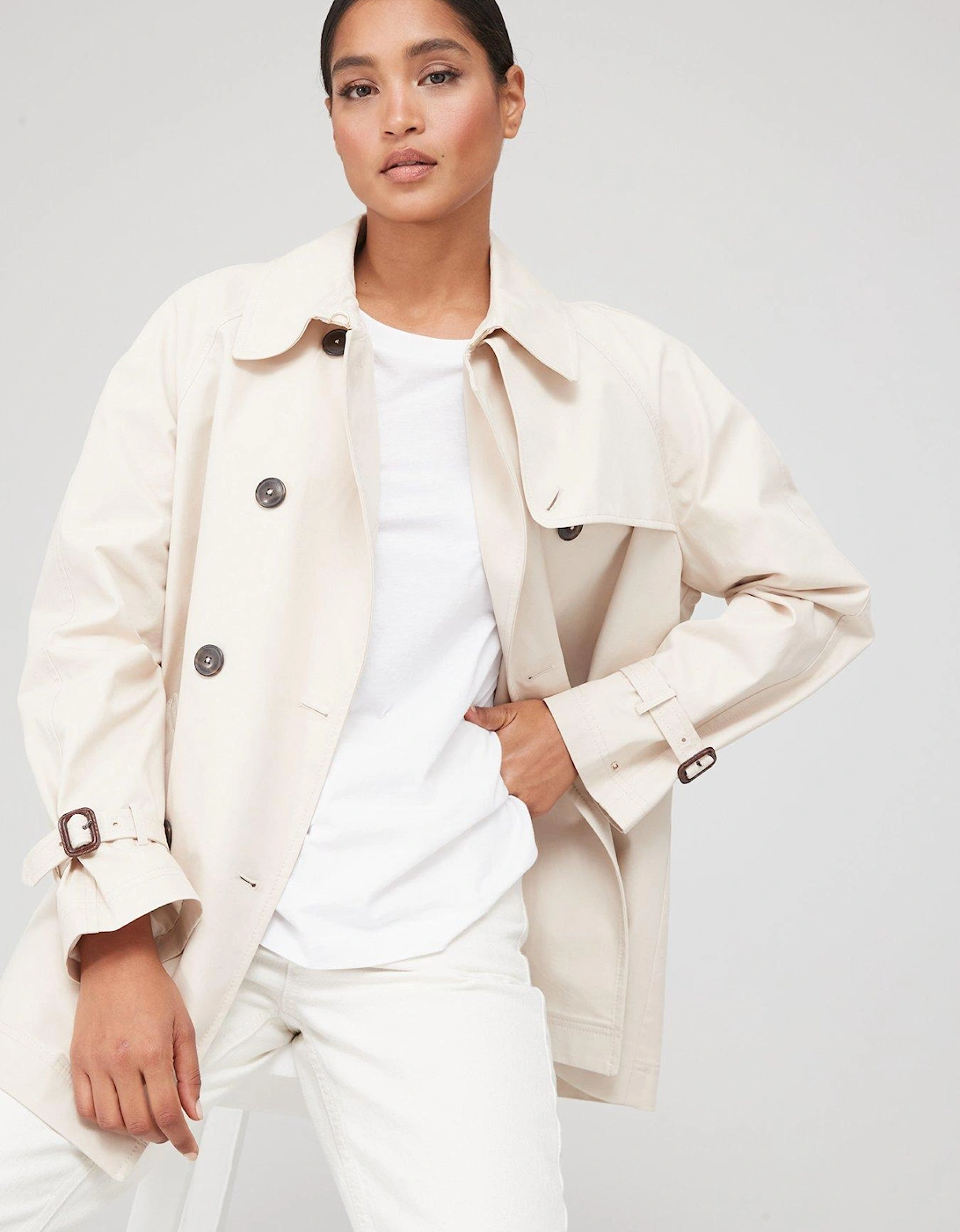 Peached Cotton Short Trench Coat - Beige
