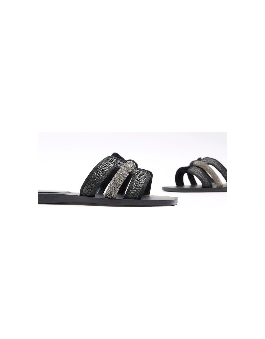 Raffia Detail Sandal - Black