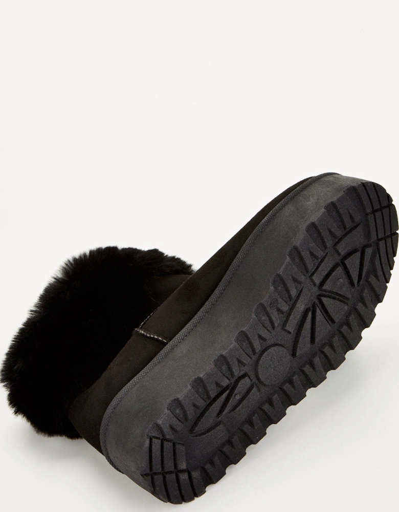 Wide Fit Flatform Faux Suede Ankle Boot With Faux Fur Collar - Black