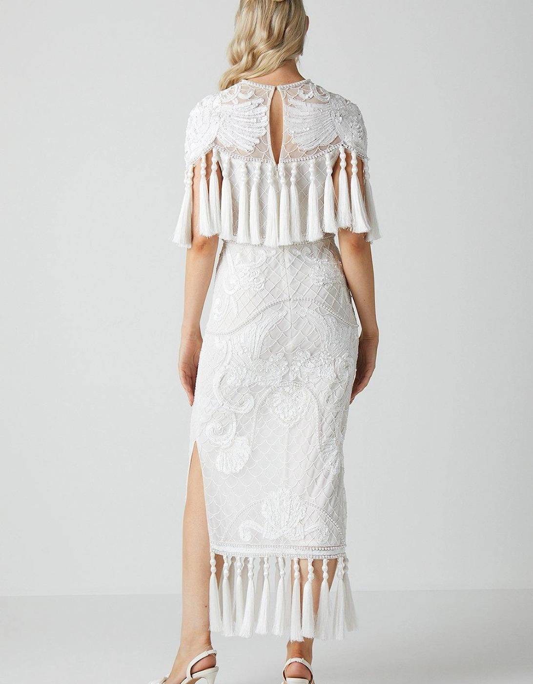 All Over Hand Embellished Midi Wedding Dress With Tassels