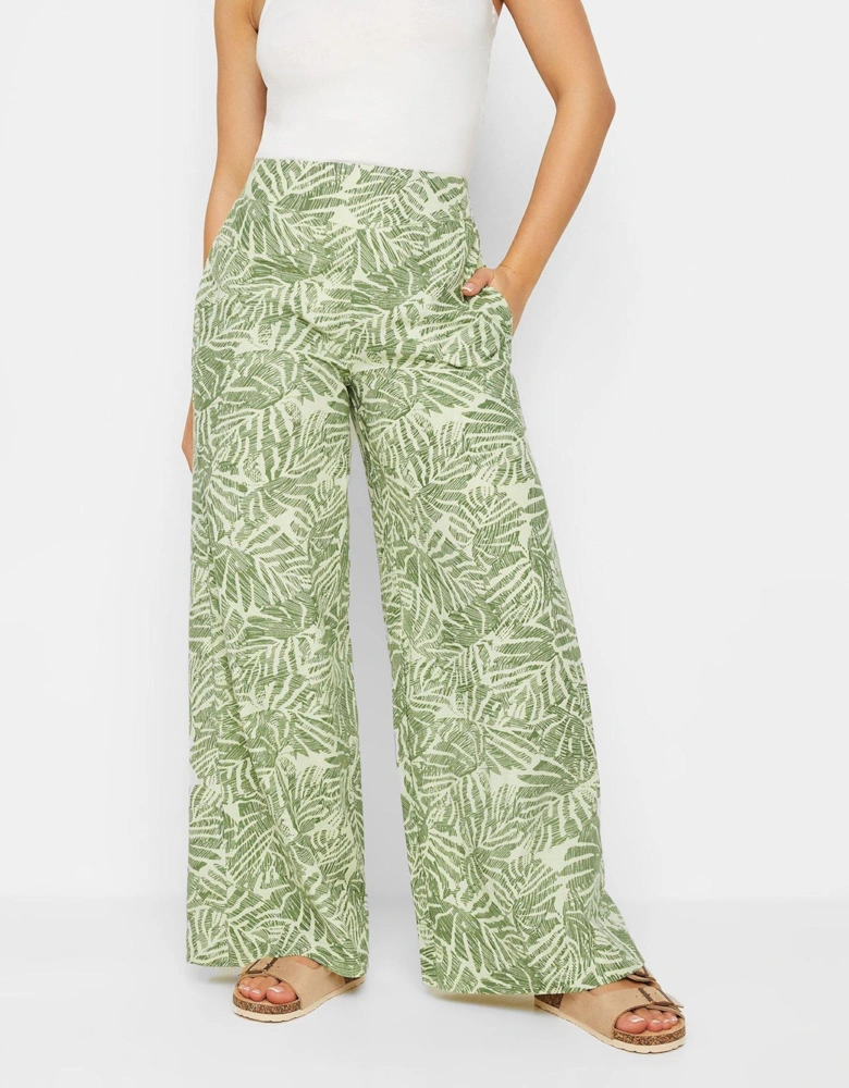Petite Green Leaf Print Wide Leg Trousers