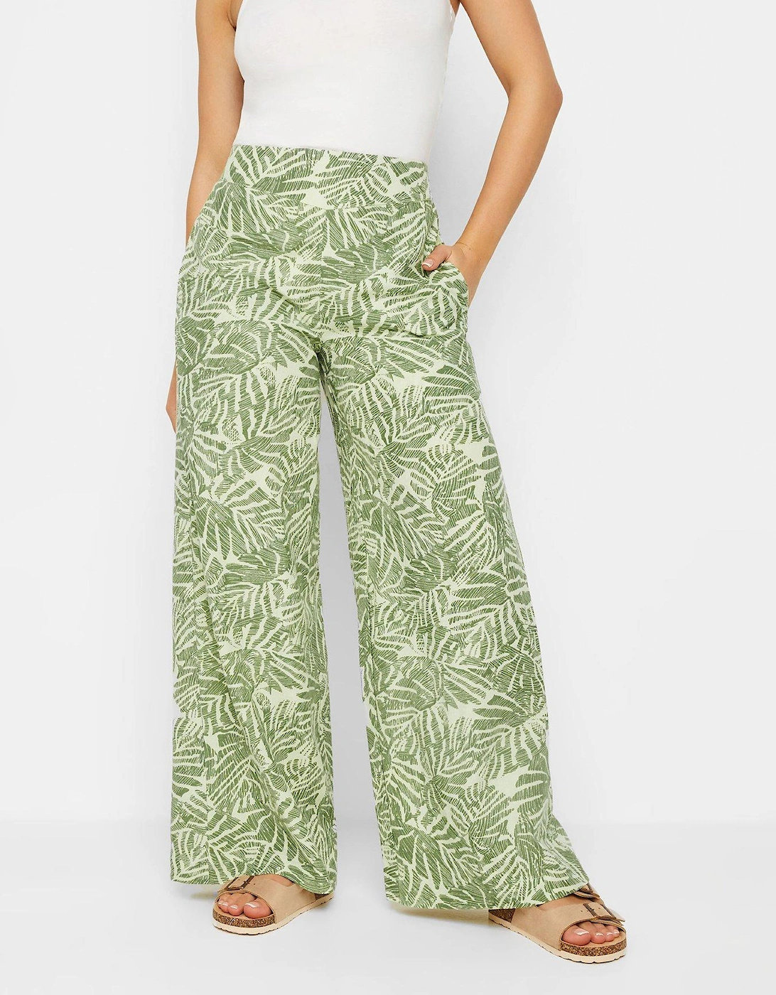 Petite Green Leaf Print Wide Leg Trousers, 2 of 1