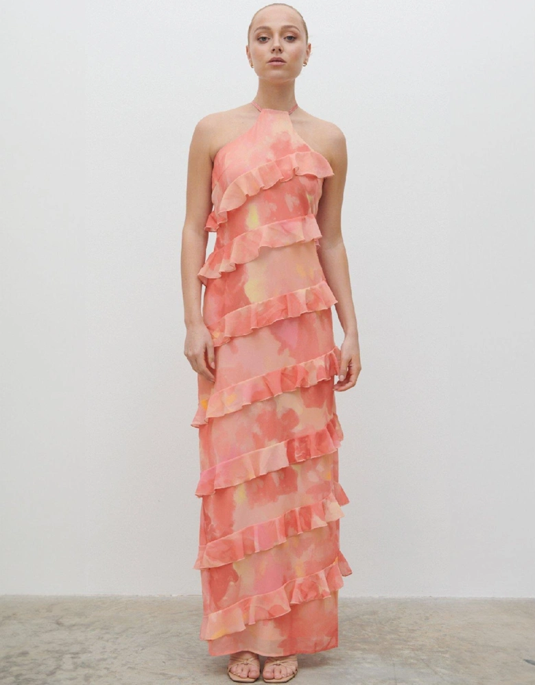 Katy Printed Ruffle Maxi Dress - Pink