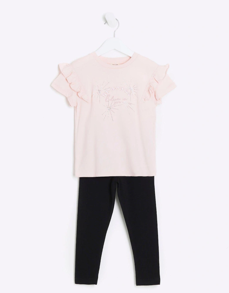 Mini Girls Embroidered Frill T-Shirt Set - Pink
