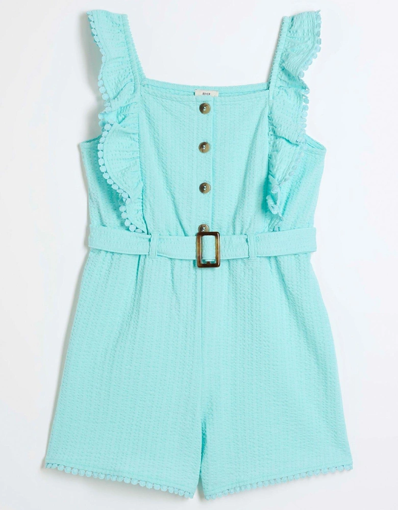 Girls Textured Belted Playsuit - Green