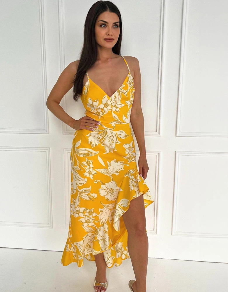 Floral Printed Strappy High Low Frill Hem Midi Dress - Yellow