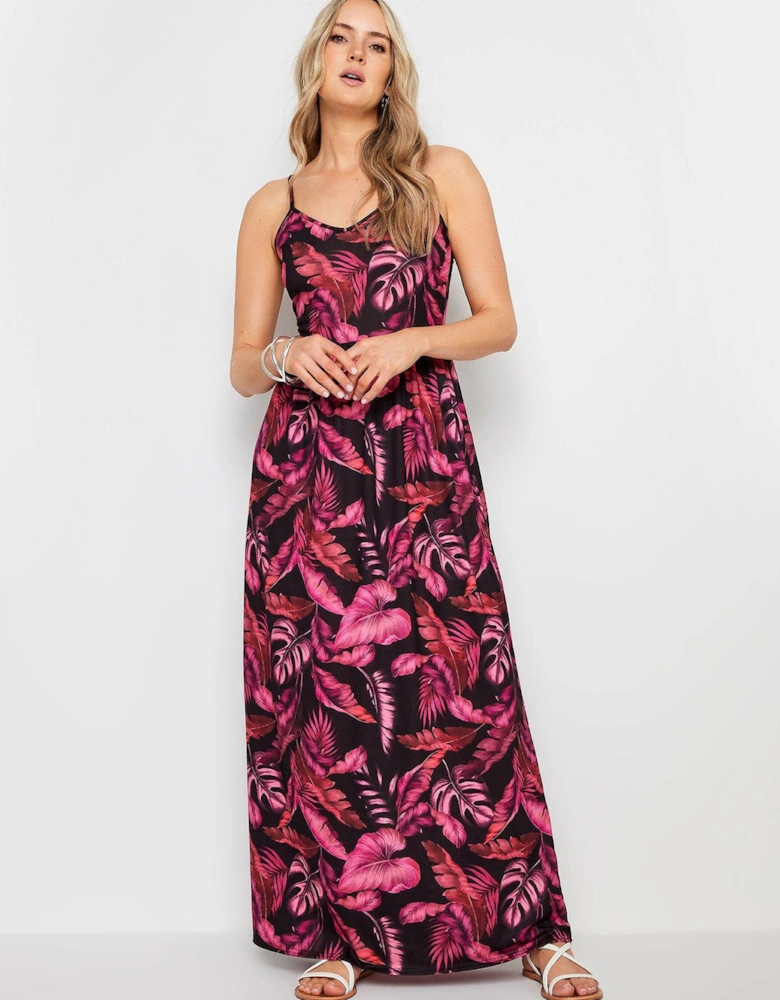 Palm Print Strappy Maxi Dress - Black/Pink