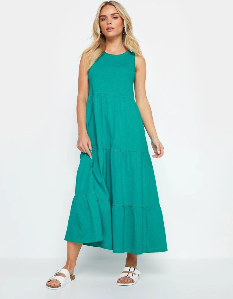 Petite Tropical Sleeveless Cotton Tiered Dress - Green