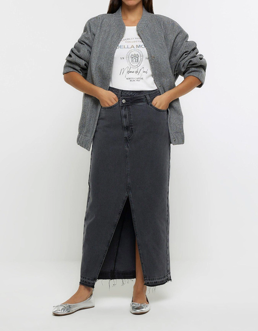 Asymmetric Waist Denim Maxi Skirt - Grey