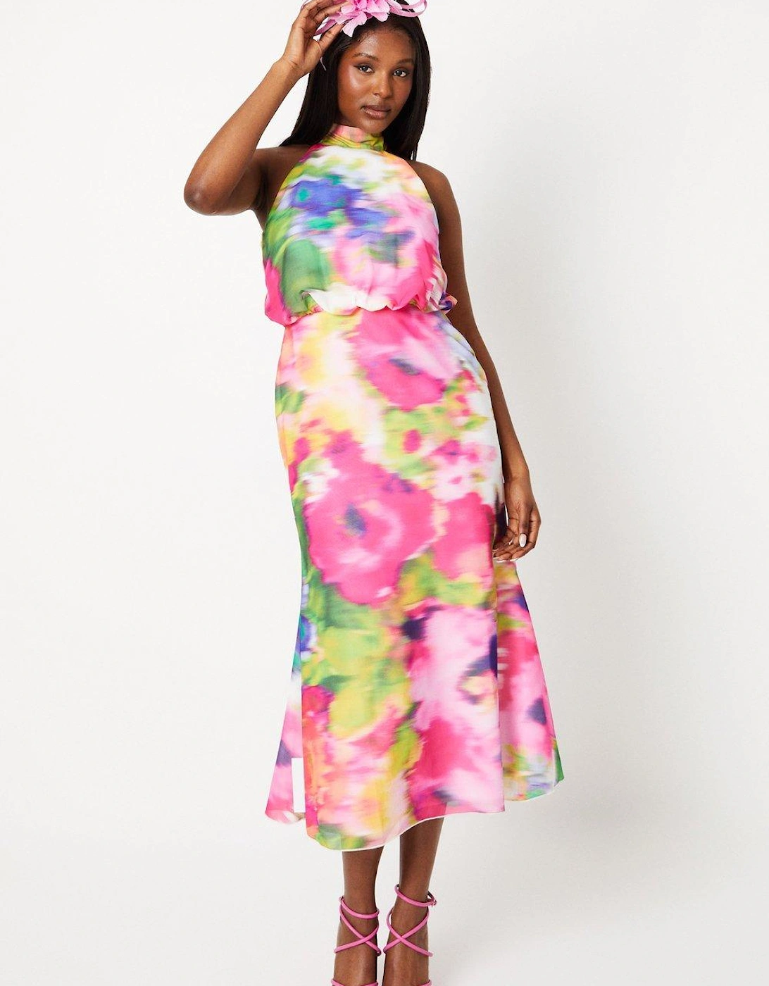 Printed High Neck Fit And Flare Midi Dress, 6 of 5