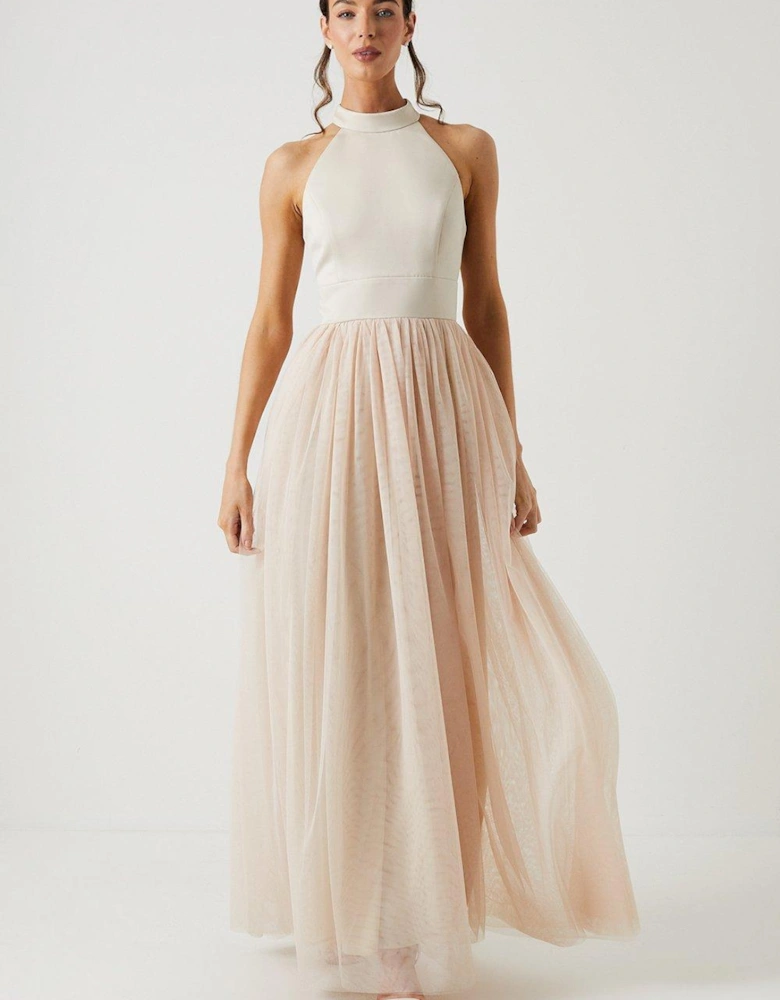 Satin Bodice Tulle Skirt Maxi Bridesmaids Dress