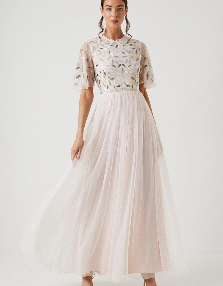 Wildflower Embroidered Top Mesh Skirt Bridesmaids Dress