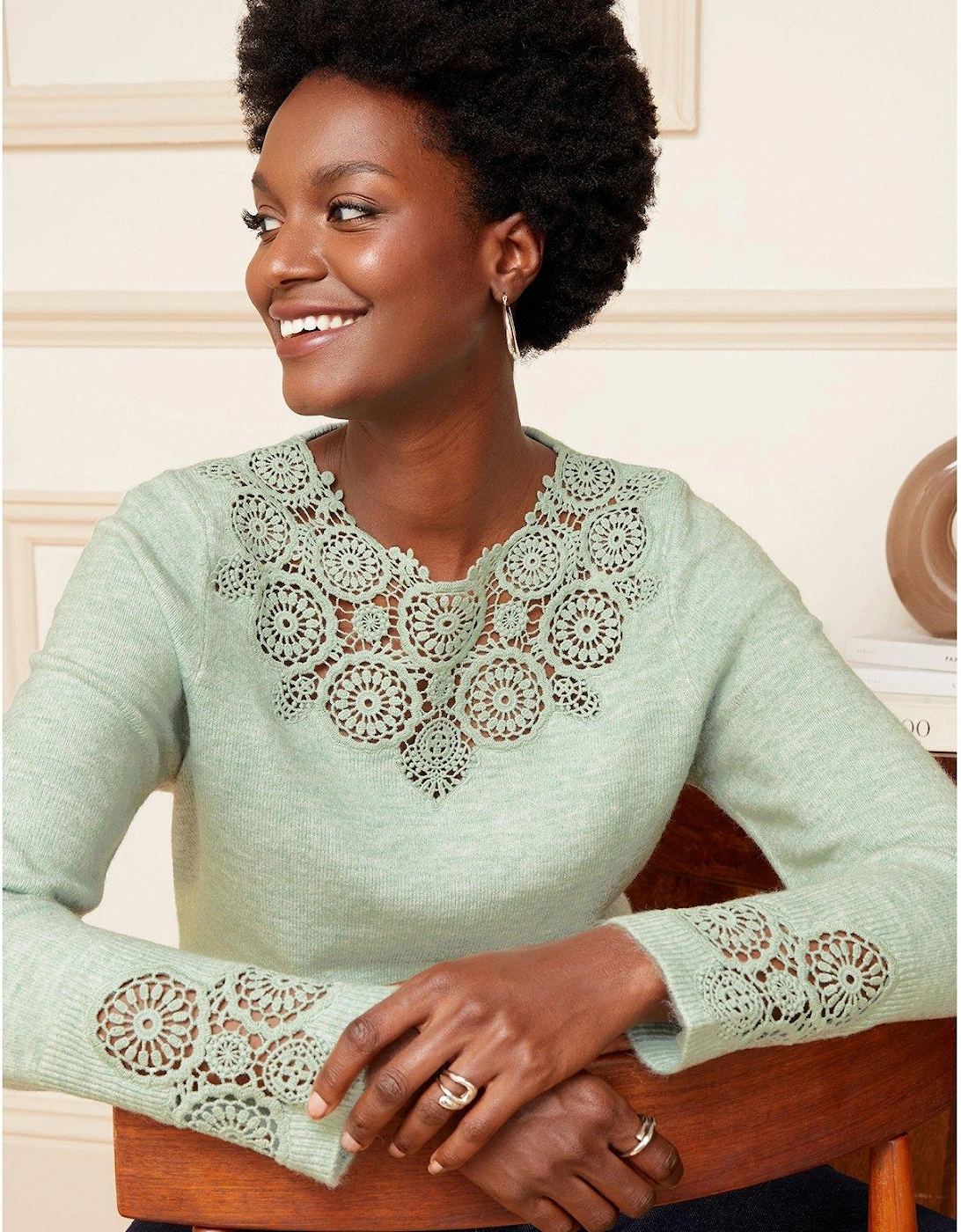 Crochet Lace Insert Jumper - Green