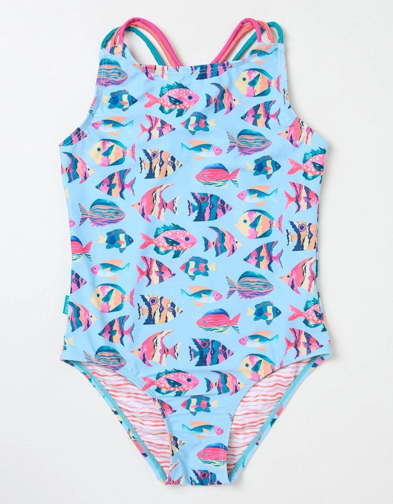 Girls Fish Print Swimsuit - Washed Blue