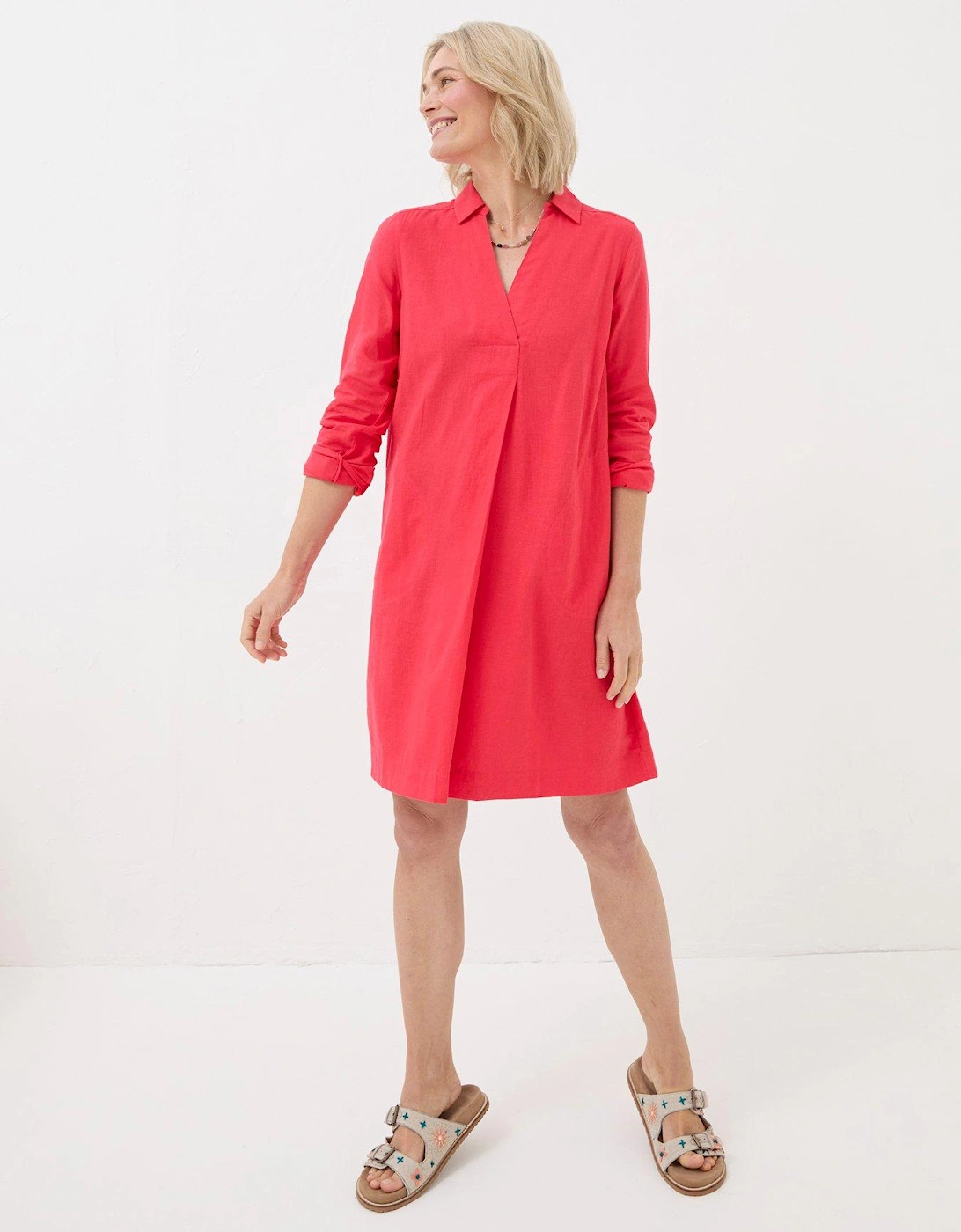 Red Linen Tunic Midi Dress with Long Sleeves and V-Neckline, 2 of 1