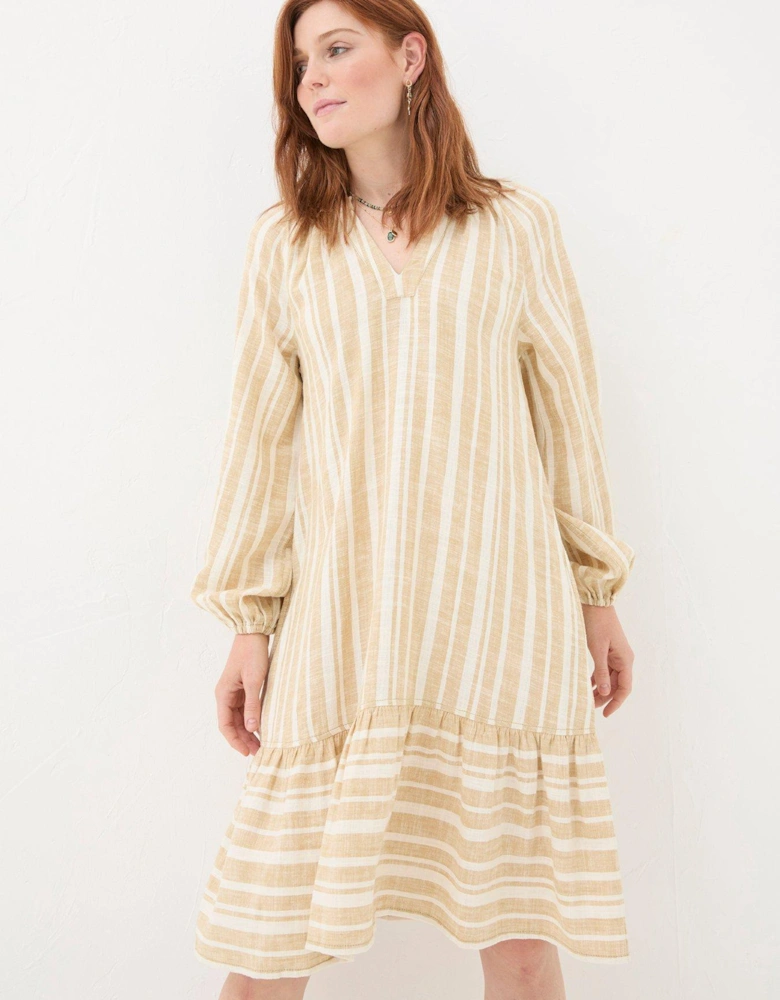 Amy Linen Blend Stripe Long Sleeve Dress - Beige