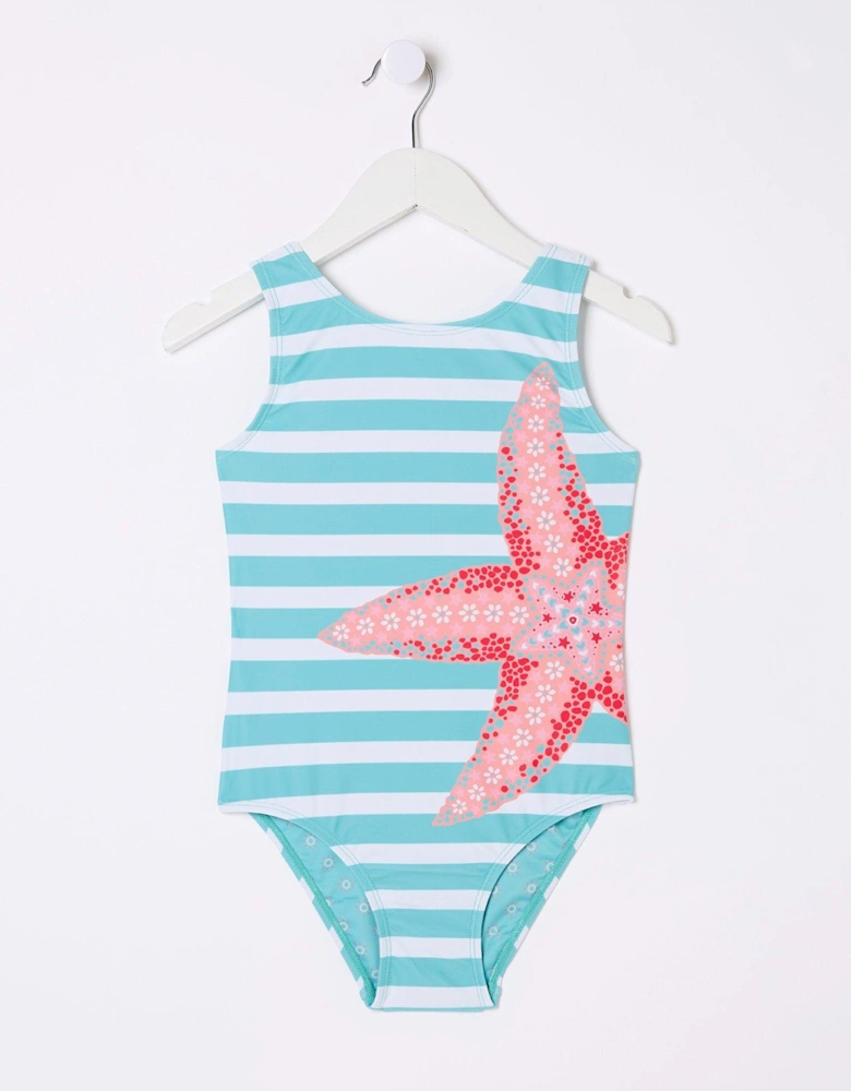 Girls Starfish Striped Swimsuit - Aqua Blue