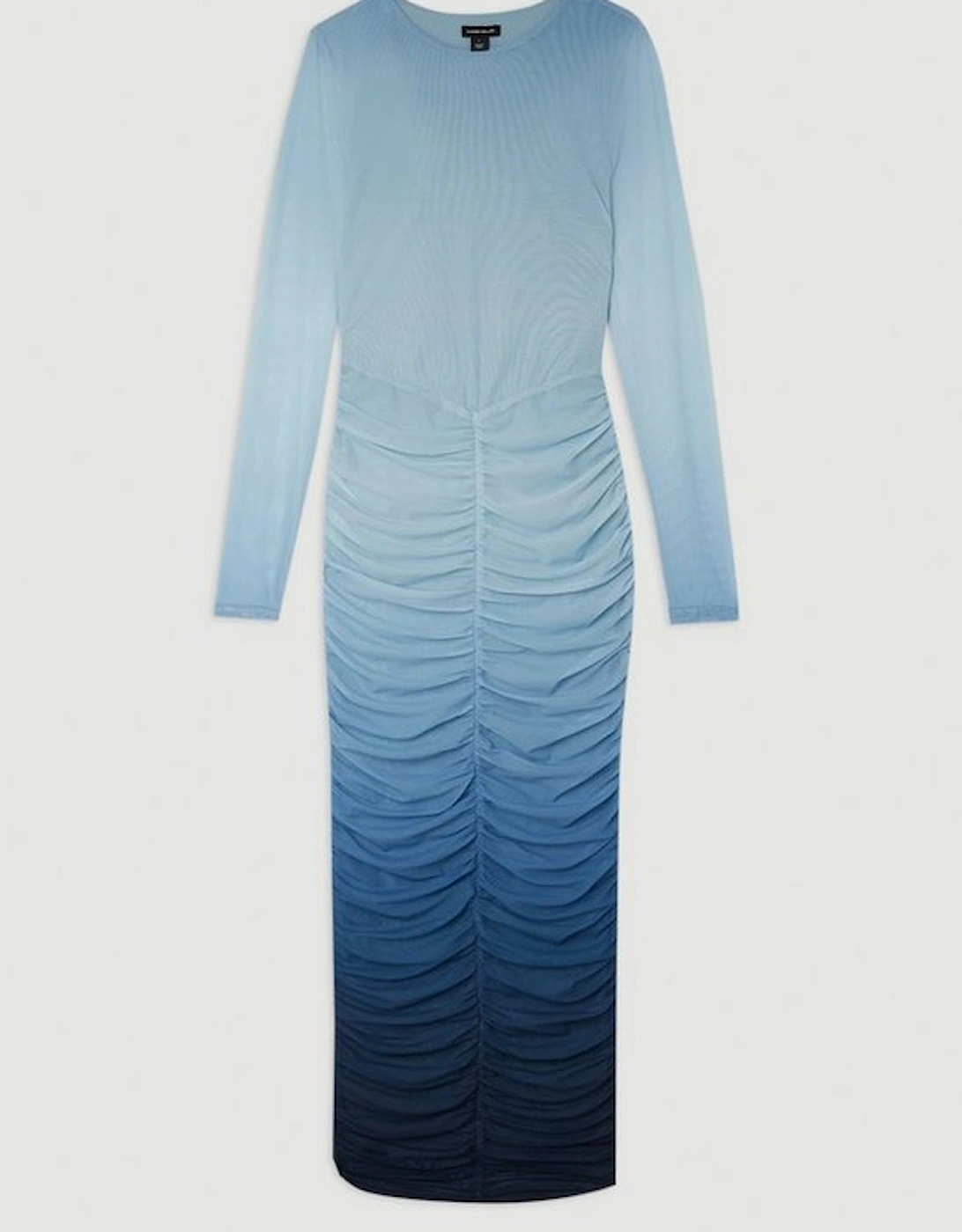 Ombre Printed Mesh Ruched Long Sleeve Midi Dress