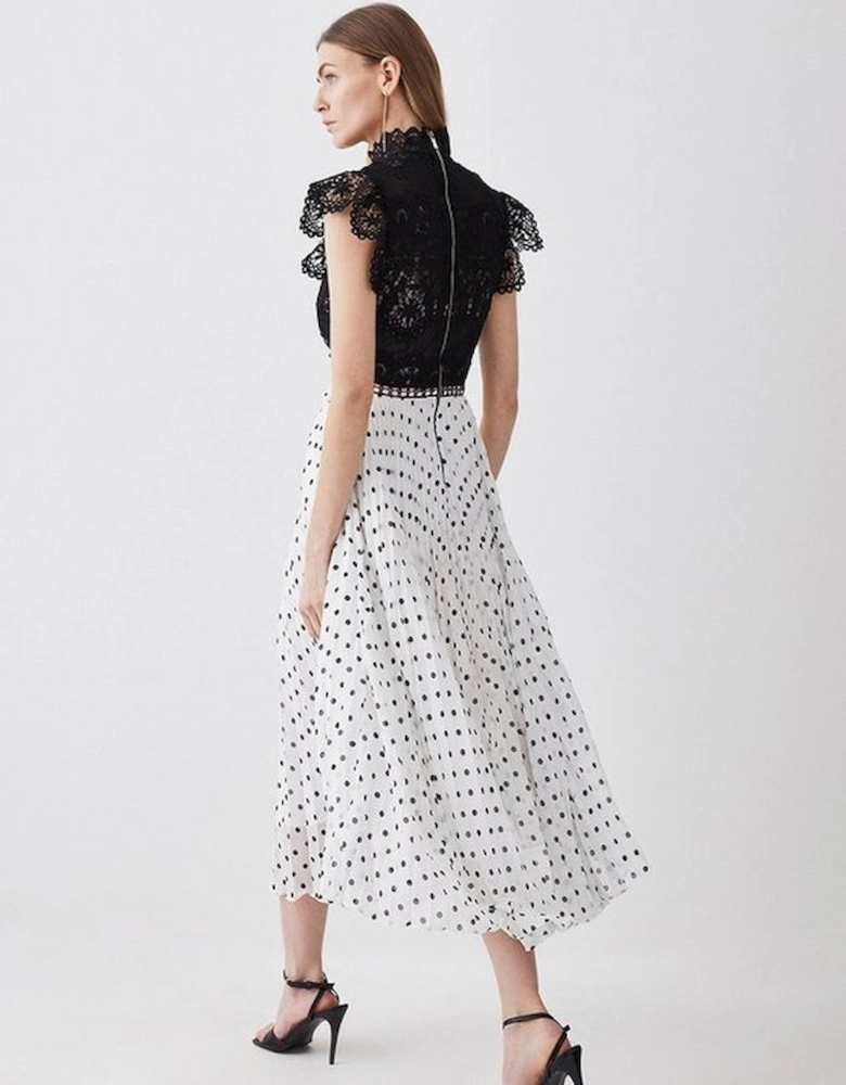 Tall Guipure Lace Dot Pleated Skirt Midi Dress