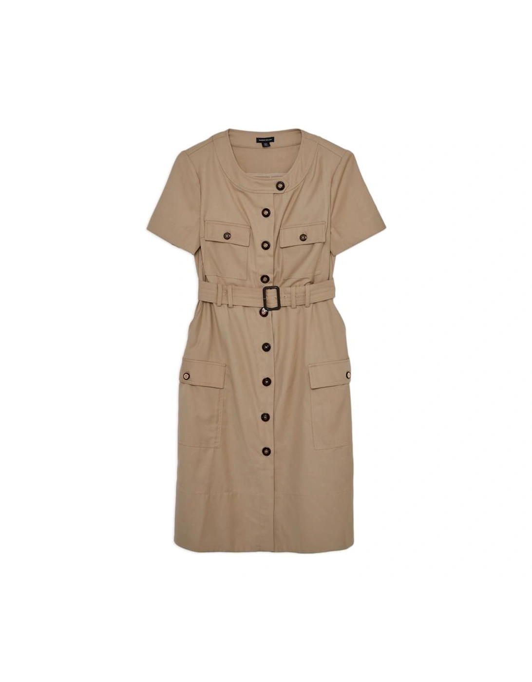 Twill Canvas Cargo Pocket Belted Tailored Midi Dress