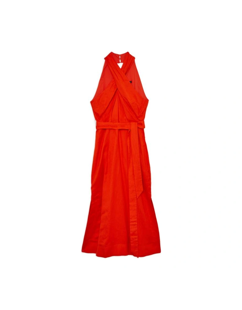 Viscose Linen Woven Cross Neckline Midi Dress