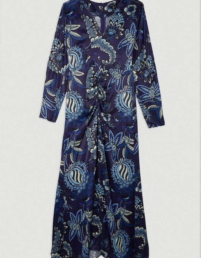 Floral Print Viscose Satin Batwing Long Sleeve Midi Dress