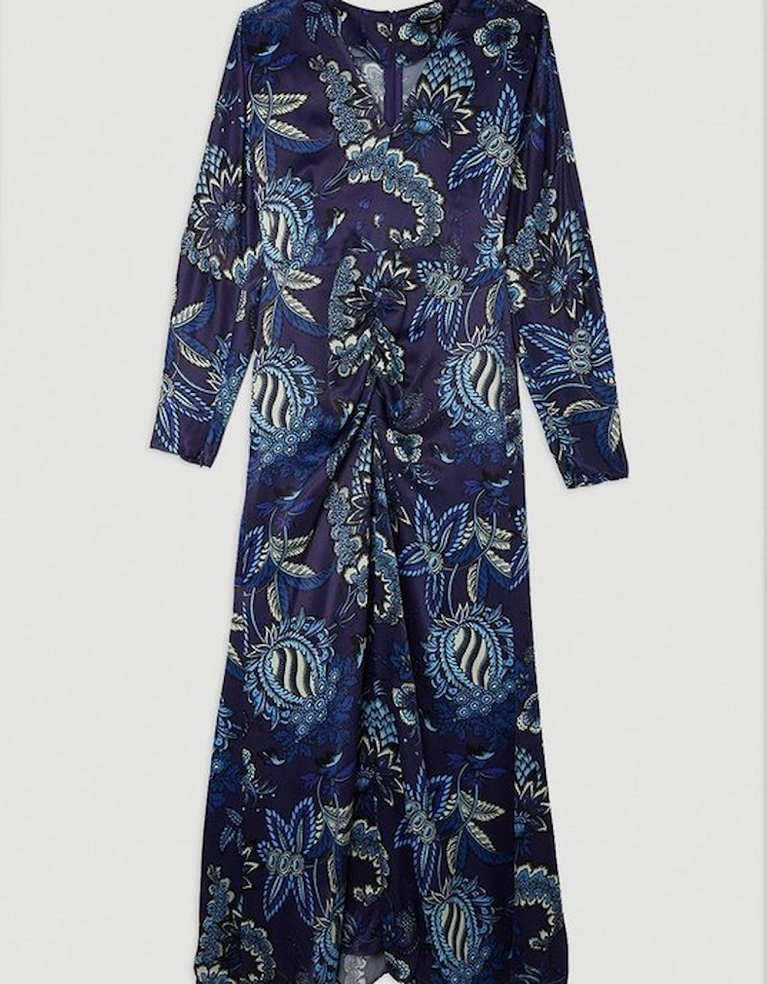 Floral Print Viscose Satin Batwing Long Sleeve Midi Dress