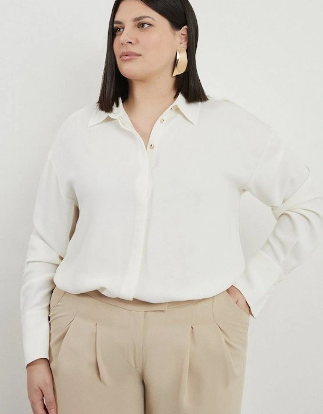 Plus Size Viscose Crepe Long Sleeve Collared Shirt