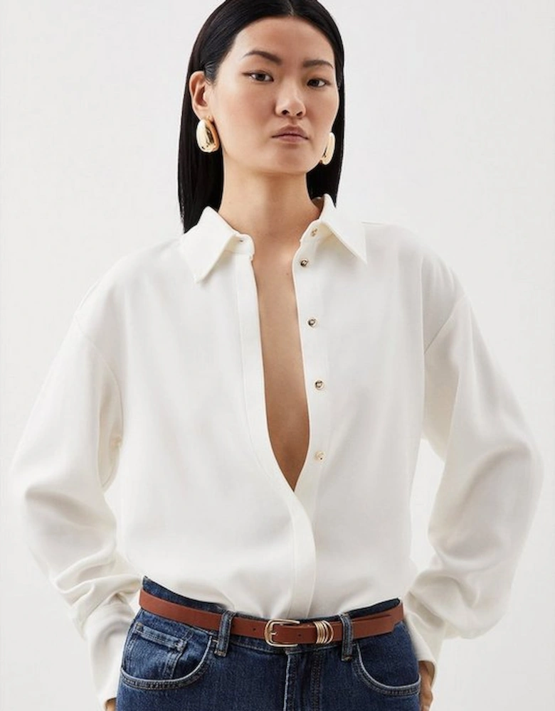 Petite Viscose Crepe Long Sleeve Collared Shirt