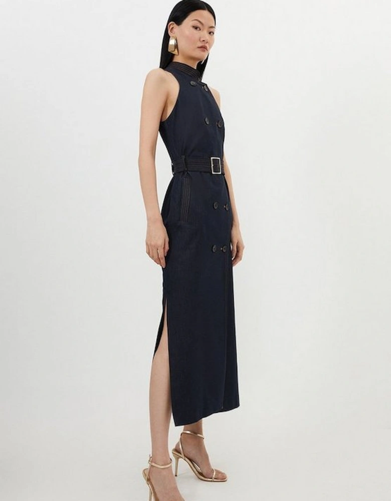 Tailored Denim Double Breasted Belted Midi Dress