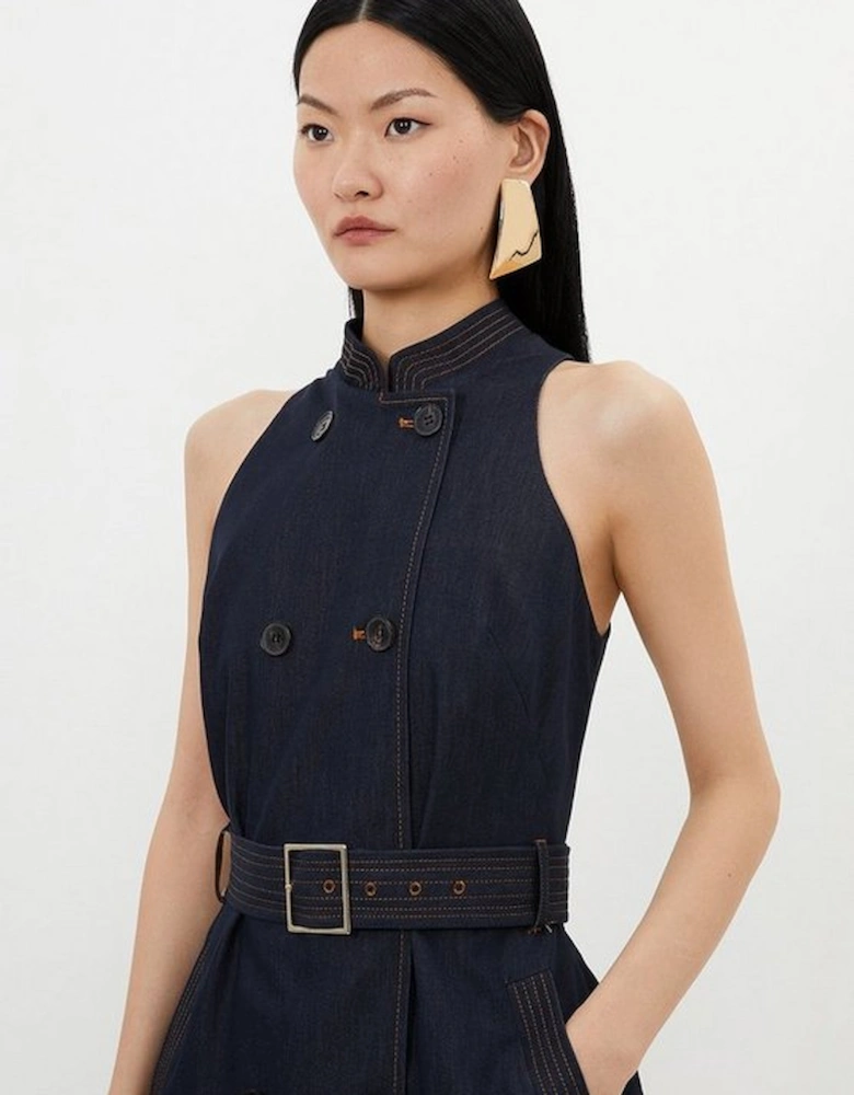 Tailored Denim Double Breasted Belted Midi Dress