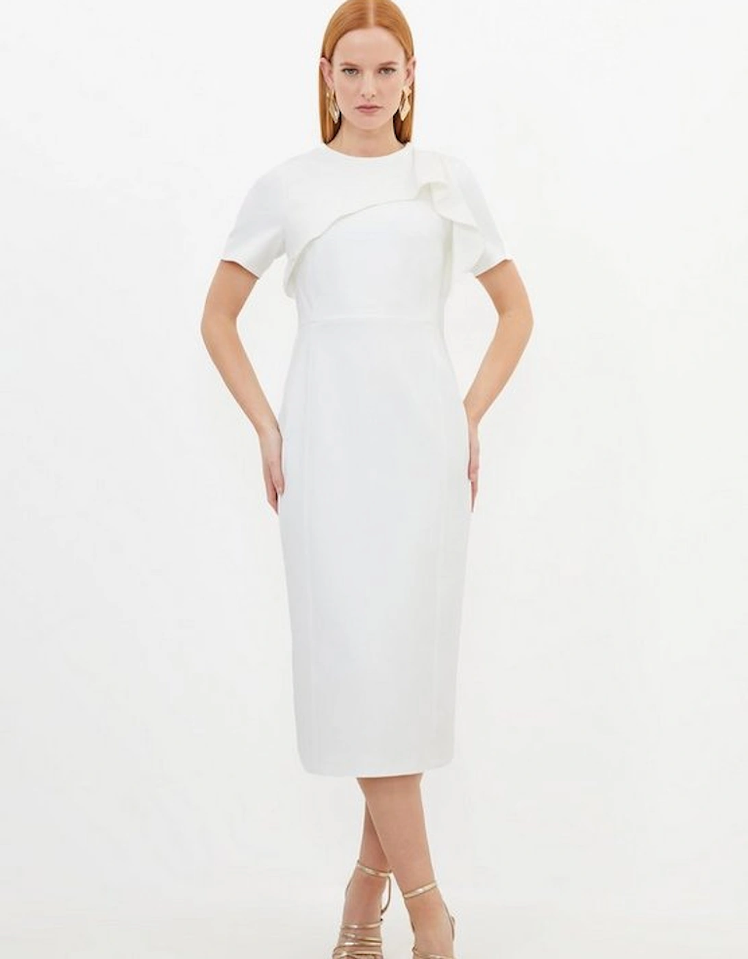 Tailored Structured Crepe Ruffle Detail Pencil Midi Dress, 5 of 4