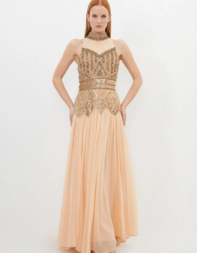Crystal Embellished Godet Woven Maxi Dress